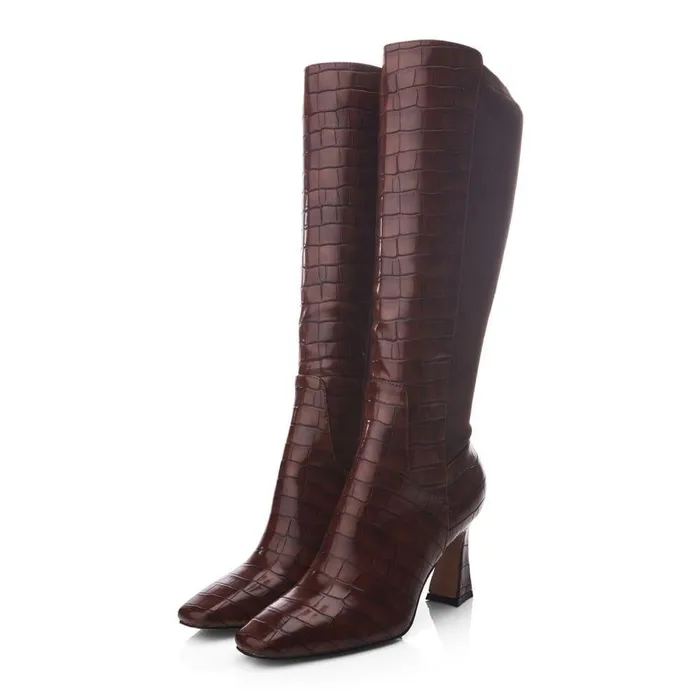 Women Moda In Pelle Knee High Boots Millea Brown Patent Mocc Croc