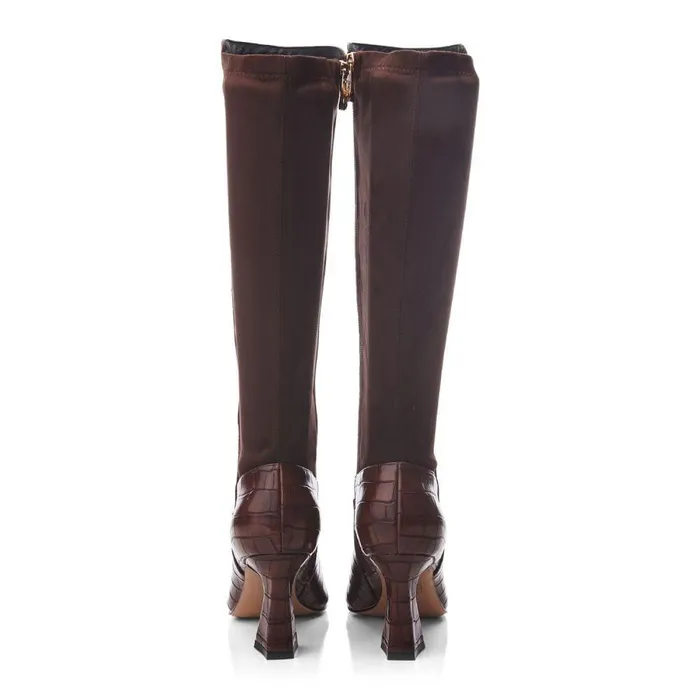 Women Moda In Pelle Knee High Boots Millea Brown Patent Mocc Croc