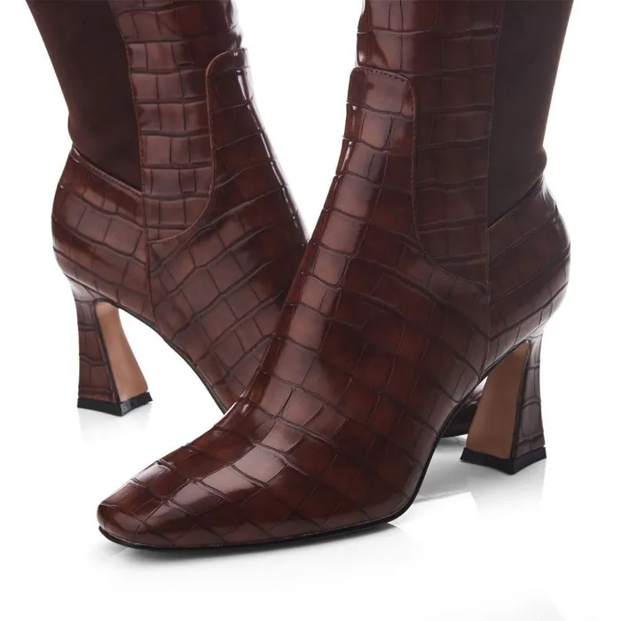 Women Moda In Pelle Knee High Boots Millea Brown Patent Mocc Croc