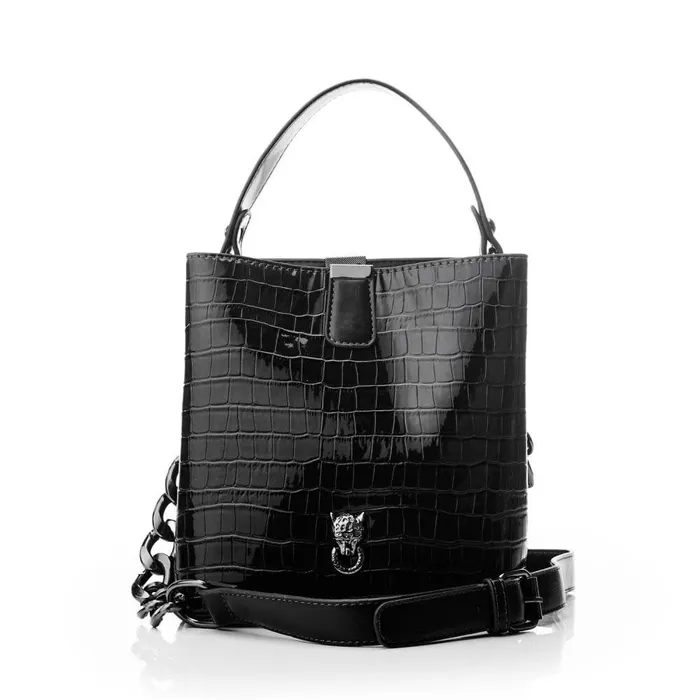 Women Moda In Pelle Shoulder Bags Adriana Bag Black Patent Mocc Croc