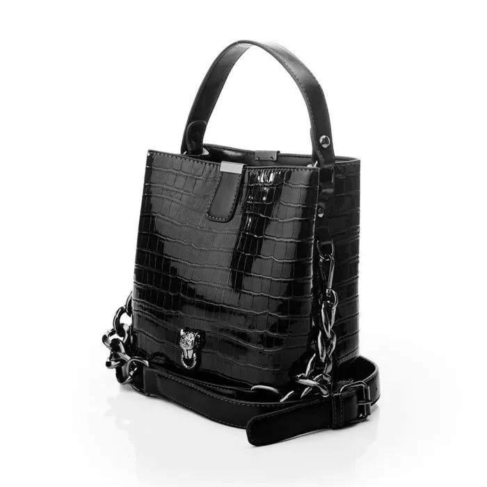 Women Moda In Pelle Shoulder Bags Adriana Bag Black Patent Mocc Croc