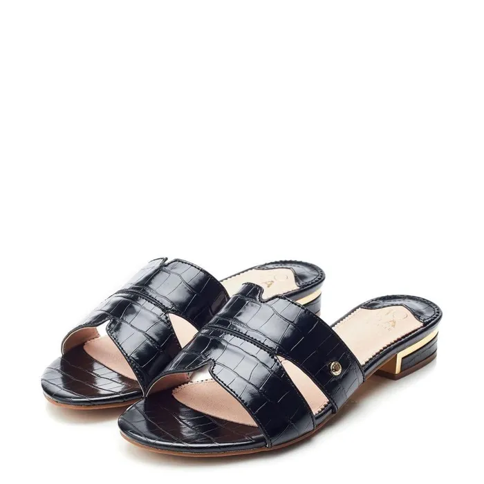 Women Moda In Pelle Slider Sandals Murah Black Patent Mocc Croc