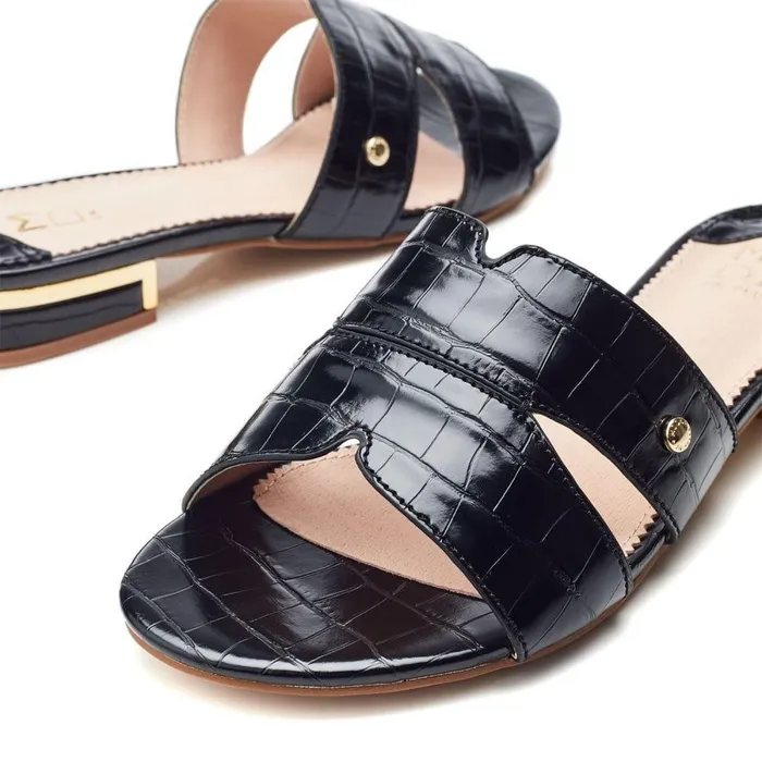 Women Moda In Pelle Slider Sandals Murah Black Patent Mocc Croc