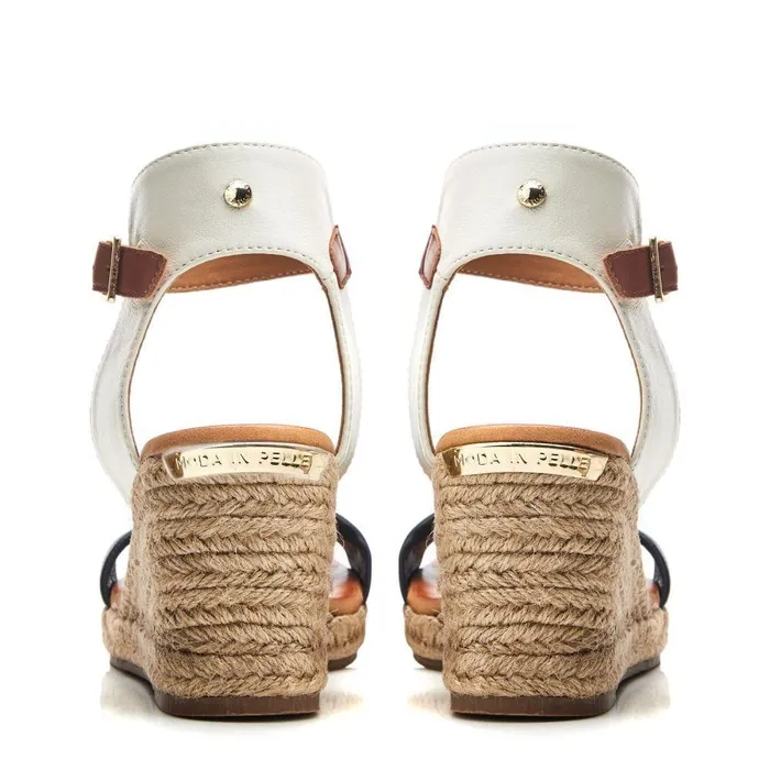 Women Moda In Pelle Wedge Sandals Phyllis NavyWhite Leather