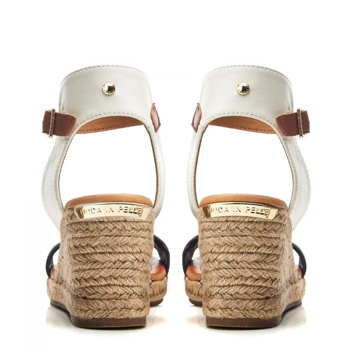 Women Moda In Pelle Wedge Sandals Phyllis NavyWhite Leather