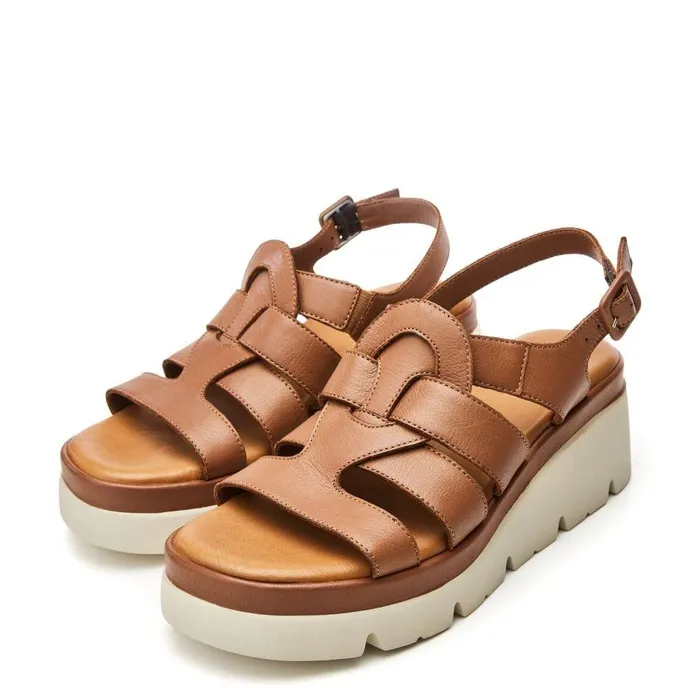 Women Moda In Pelle Wedge Sandals Shoon Sh Strake Tan Leather