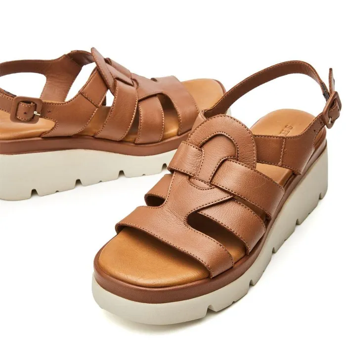 Women Moda In Pelle Wedge Sandals Shoon Sh Strake Tan Leather