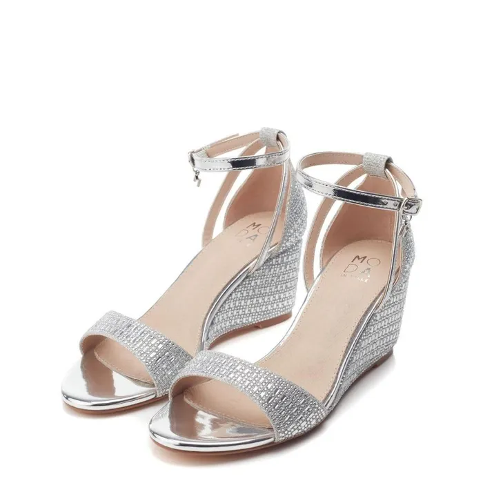 Women Moda In Pelle Wedge Sandals Simonah Silver Textile