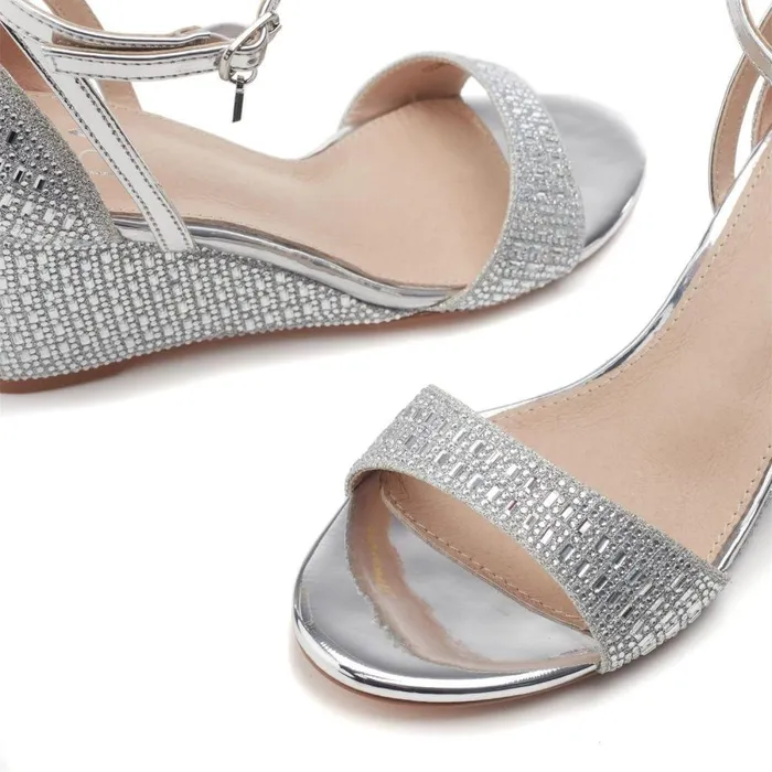 Women Moda In Pelle Wedge Sandals Simonah Silver Textile
