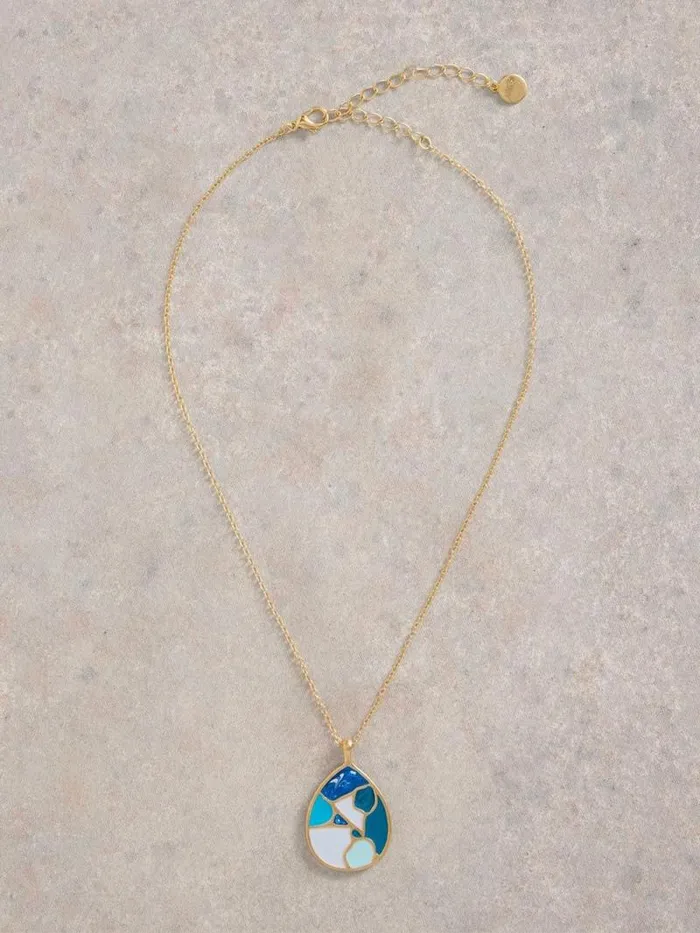 Women Mosaic Tile Drop Necklace Gold Tone Metallic White Stuff Jewellery