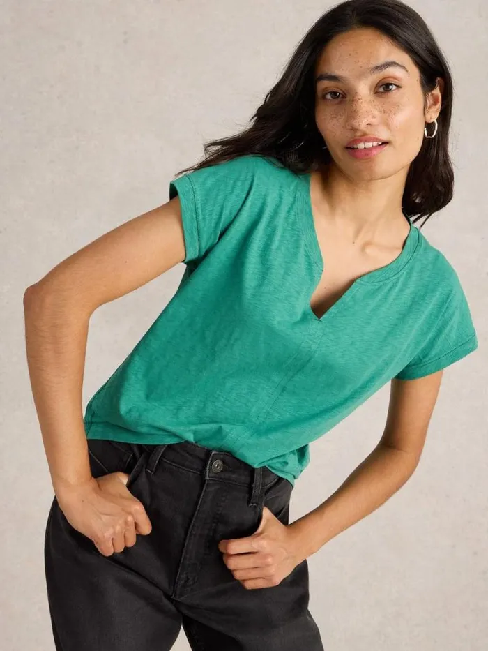 Women NELLY NOTCH NECK TSHIRT Dusty Green White Stuff Tops and Tees