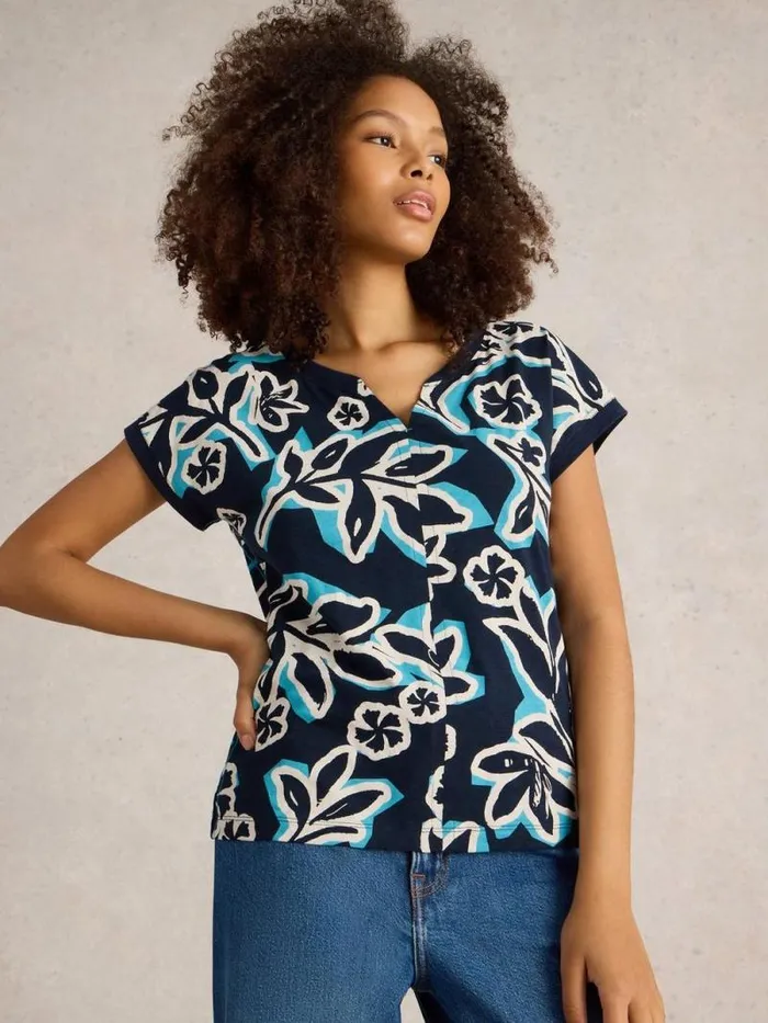 Women NELLY NOTCH NECK TSHIRT Navy Print White Stuff Tops and Tees