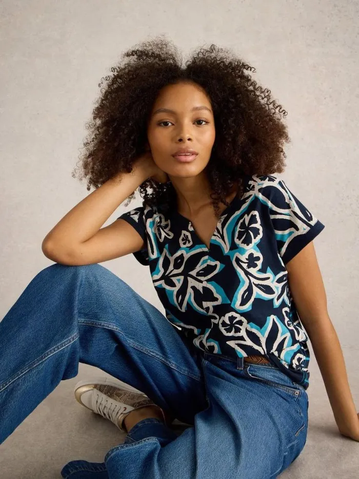 Women NELLY NOTCH NECK TSHIRT Navy Print White Stuff Tops and Tees