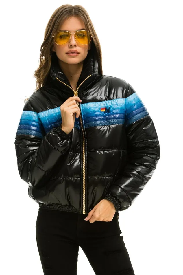 Women Outerwear Aviator Nation 5 STRIPE LUXE APRES PUFFER JACKET 8211 GLOSSY BLACK BLUE STRIPES