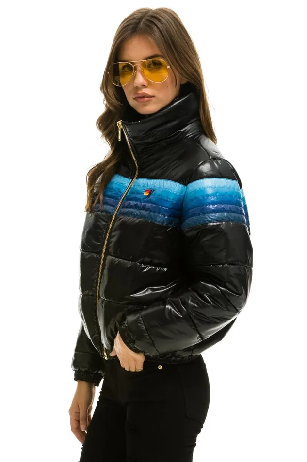 Women Outerwear Aviator Nation 5 STRIPE LUXE APRES PUFFER JACKET 8211 GLOSSY BLACK BLUE STRIPES