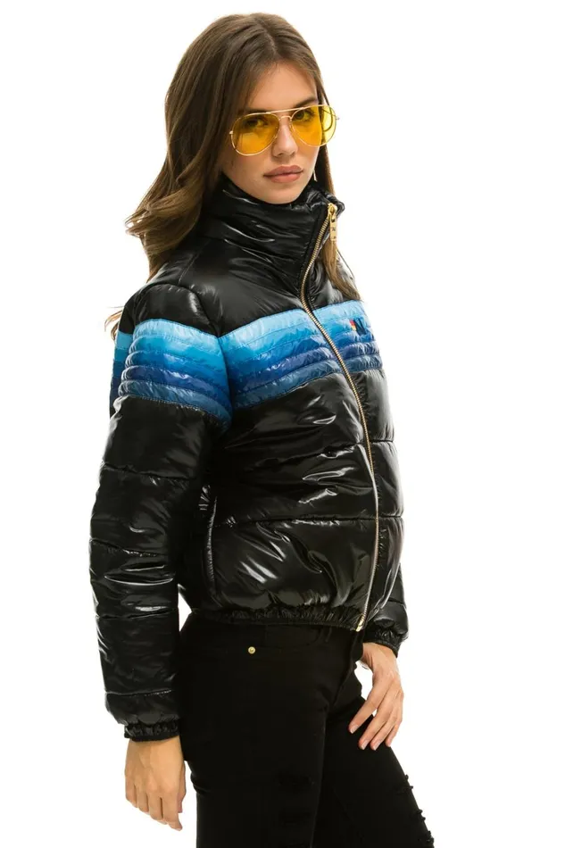 Women Outerwear Aviator Nation 5 STRIPE LUXE APRES PUFFER JACKET 8211 GLOSSY BLACK BLUE STRIPES