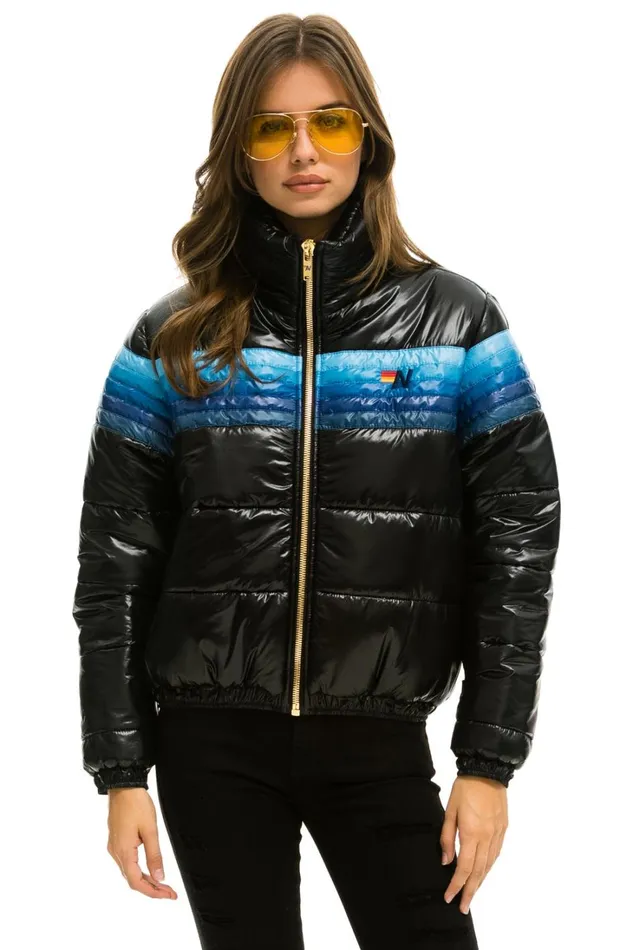 Women Outerwear Aviator Nation 5 STRIPE LUXE APRES PUFFER JACKET 8211 GLOSSY BLACK BLUE STRIPES