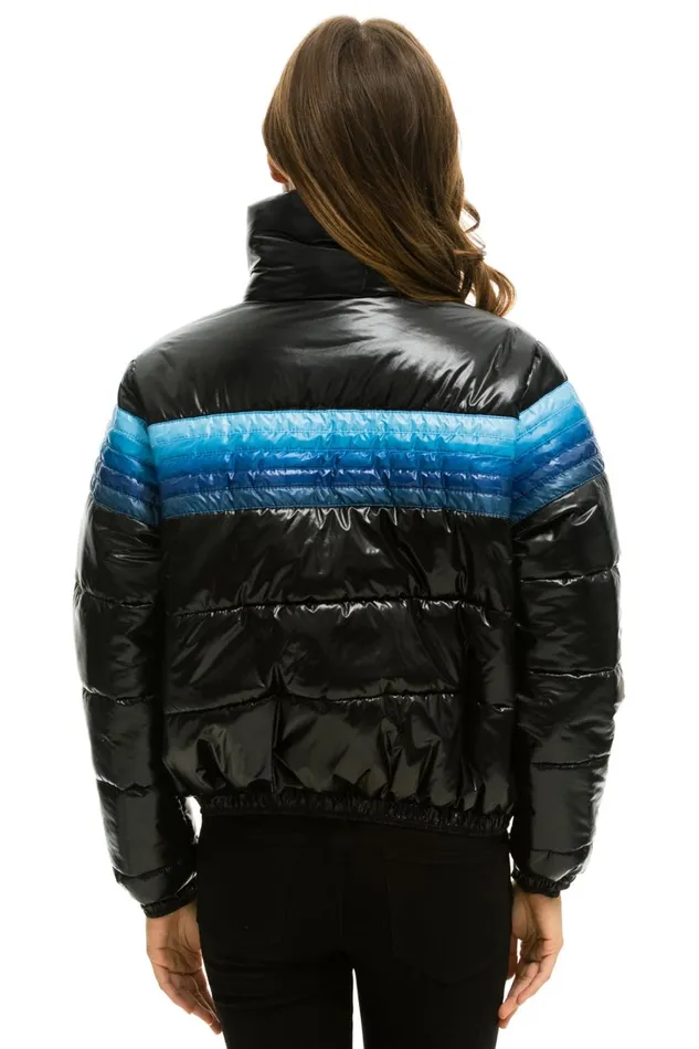 Women Outerwear Aviator Nation 5 STRIPE LUXE APRES PUFFER JACKET 8211 GLOSSY BLACK BLUE STRIPES