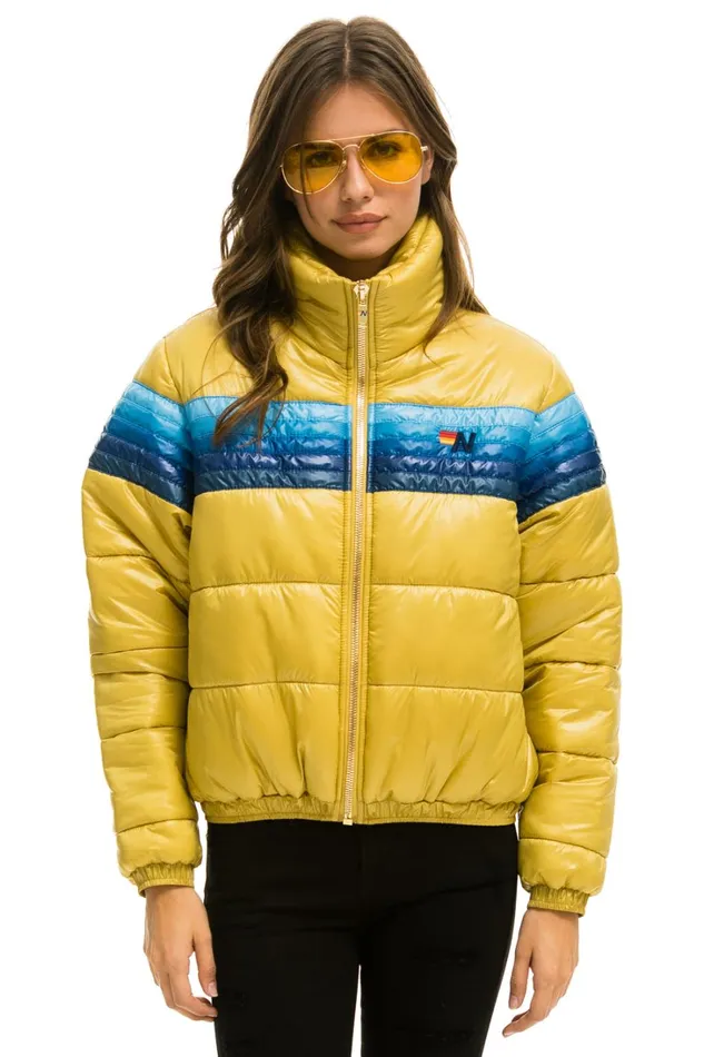 Women Outerwear Aviator Nation 5 STRIPE LUXE APRES PUFFER JACKET 8211 GLOSSY KHAKI