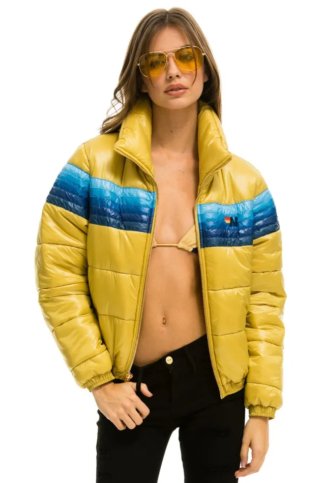 Women Outerwear Aviator Nation 5 STRIPE LUXE APRES PUFFER JACKET 8211 GLOSSY KHAKI Women Outerwear Aviator Nation 5 STRIPE LUXE APRES PUFFER JACKET 8211 GLOSSY KHAKI