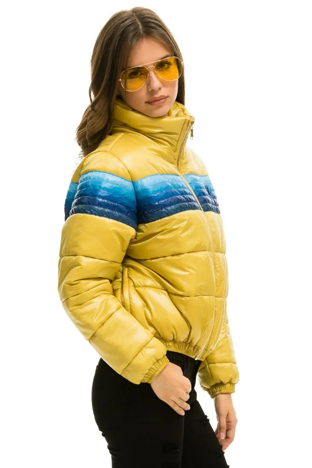 Women Outerwear Aviator Nation 5 STRIPE LUXE APRES PUFFER JACKET 8211 GLOSSY KHAKI Women Outerwear Aviator Nation 5 STRIPE LUXE APRES PUFFER JACKET 8211 GLOSSY KHAKI
