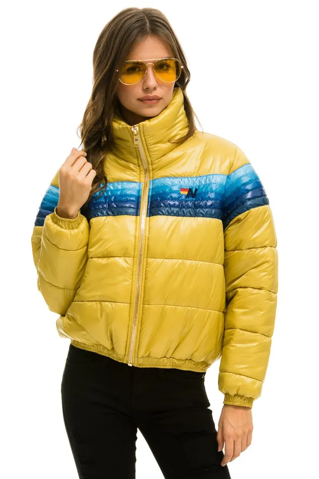 Women Outerwear Aviator Nation 5 STRIPE LUXE APRES PUFFER JACKET 8211 GLOSSY KHAKI Women Outerwear Aviator Nation 5 STRIPE LUXE APRES PUFFER JACKET 8211 GLOSSY KHAKI