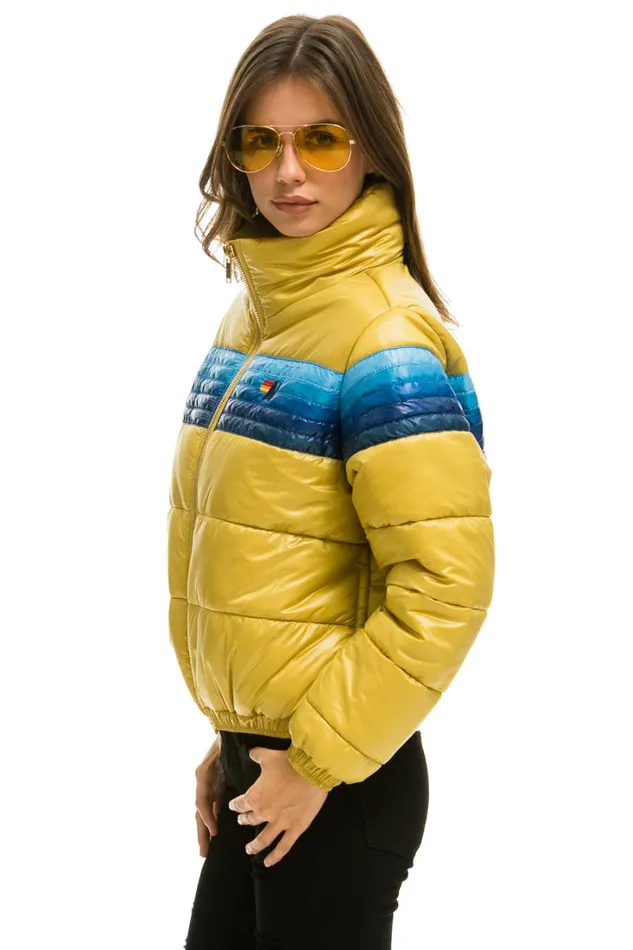 Women Outerwear Aviator Nation 5 STRIPE LUXE APRES PUFFER JACKET 8211 GLOSSY KHAKI Women Outerwear Aviator Nation 5 STRIPE LUXE APRES PUFFER JACKET 8211 GLOSSY KHAKI