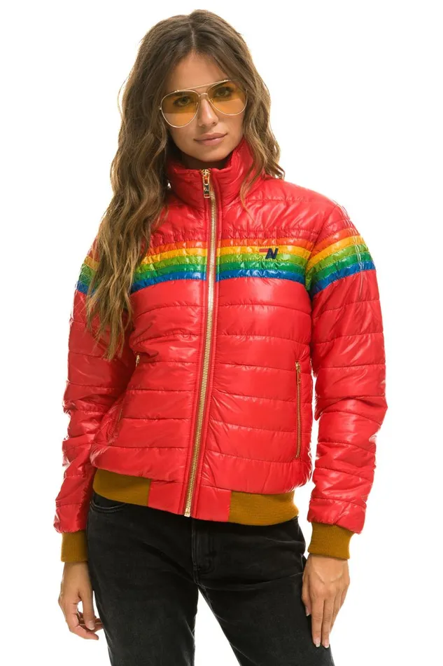 Women Outerwear Aviator Nation 6 STRIPE RAINBOW SLEEVE JACKET 8211 GLOSSY CHERRY