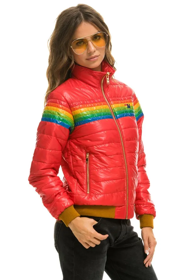 Women Outerwear Aviator Nation 6 STRIPE RAINBOW SLEEVE JACKET 8211 GLOSSY CHERRY