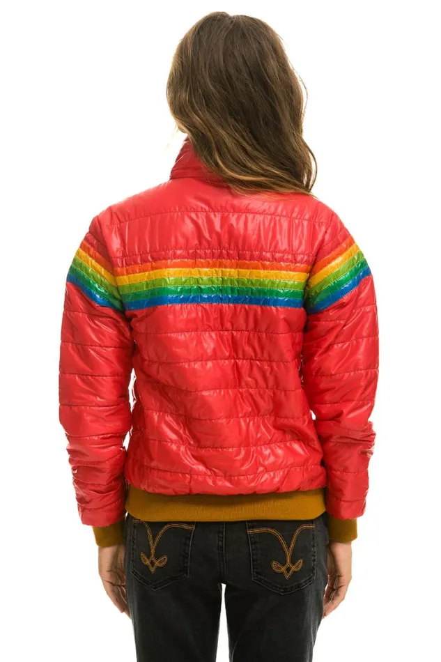 Women Outerwear Aviator Nation 6 STRIPE RAINBOW SLEEVE JACKET 8211 GLOSSY CHERRY