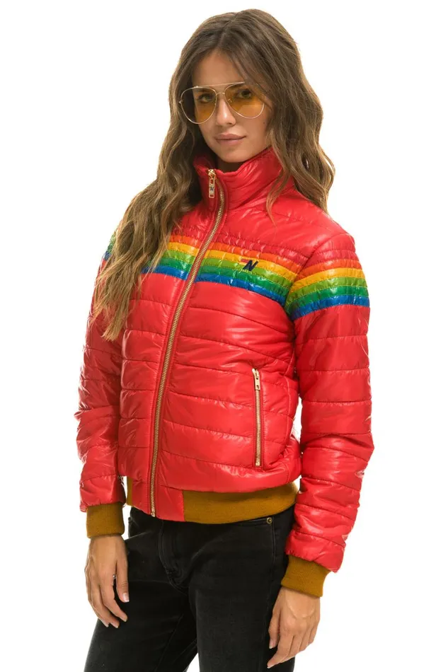 Women Outerwear Aviator Nation 6 STRIPE RAINBOW SLEEVE JACKET 8211 GLOSSY CHERRY