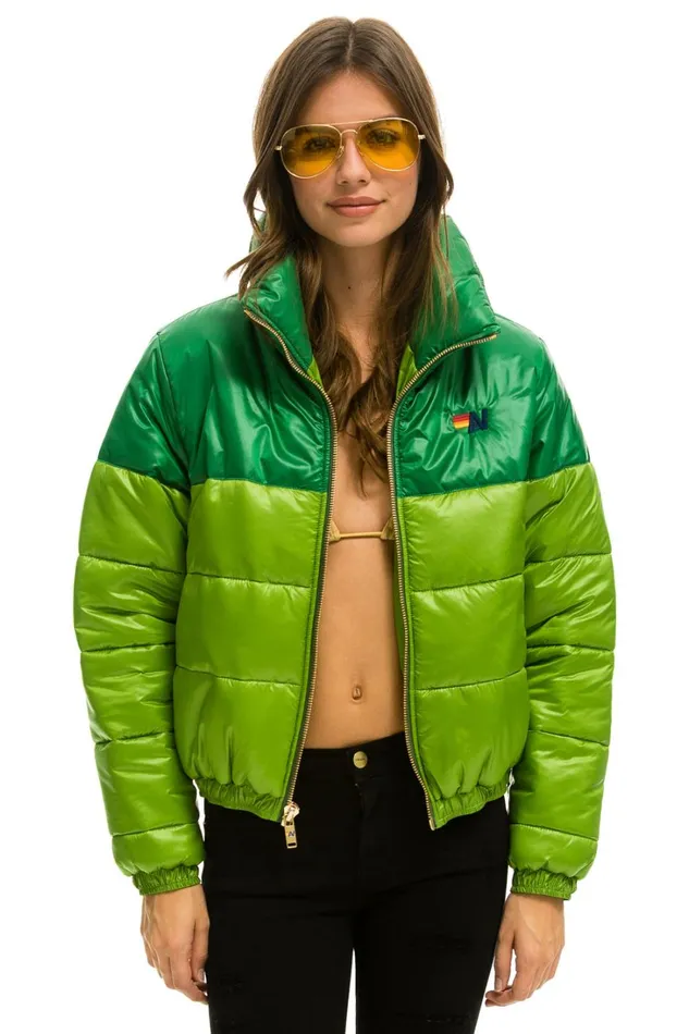 Women Outerwear Aviator Nation COLOR BLOCK HALF AND HALF APRES PUFFER JACKET 8211 AMAZON GLOSSY