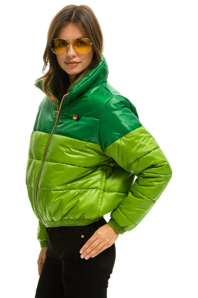 Women Outerwear Aviator Nation COLOR BLOCK HALF AND HALF APRES PUFFER JACKET 8211 AMAZON GLOSSY
