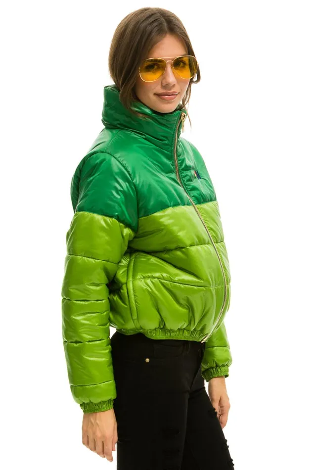 Women Outerwear Aviator Nation COLOR BLOCK HALF AND HALF APRES PUFFER JACKET 8211 AMAZON GLOSSY