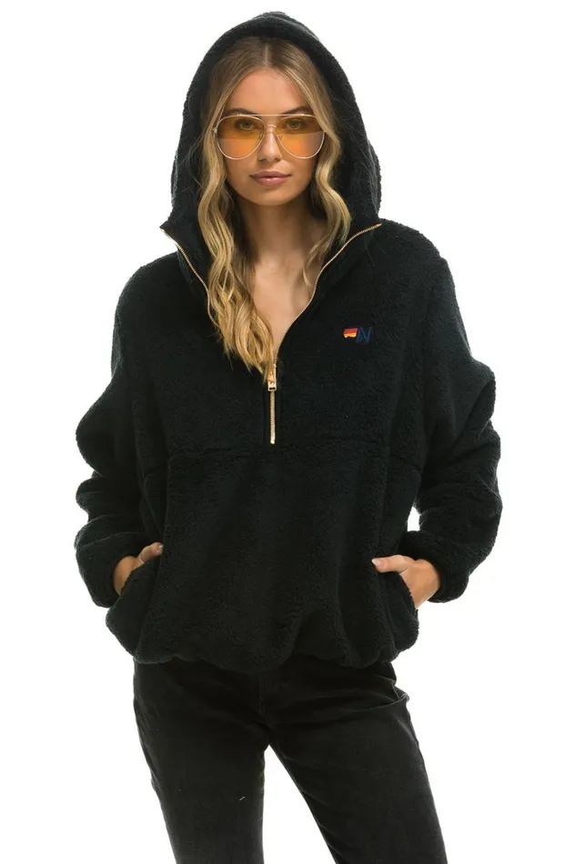 Women Outerwear Aviator Nation TEDDY APRES HOODED HALF ZIP JACKET 8211 BLACK