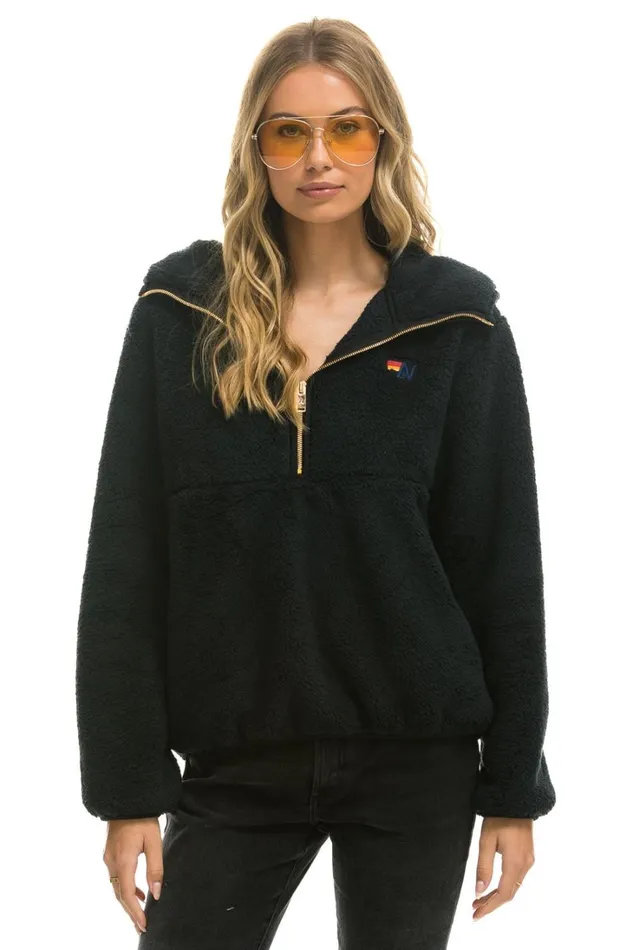 Women Outerwear Aviator Nation TEDDY APRES HOODED HALF ZIP JACKET 8211 BLACK Women Outerwear Aviator Nation TEDDY APRES HOODED HALF ZIP JACKET 8211 BLACK