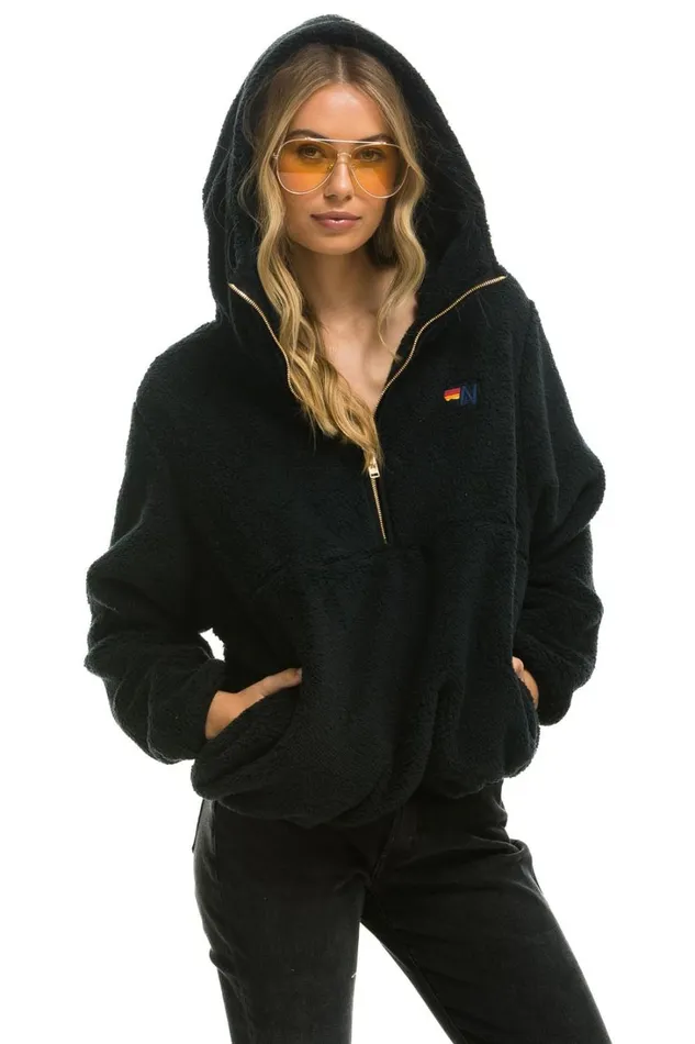 Women Outerwear Aviator Nation TEDDY APRES HOODED HALF ZIP JACKET 8211 BLACK Women Outerwear Aviator Nation TEDDY APRES HOODED HALF ZIP JACKET 8211 BLACK