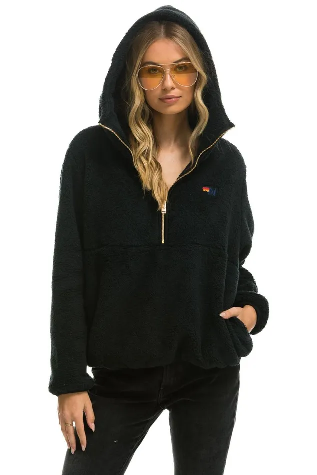 Women Outerwear Aviator Nation TEDDY APRES HOODED HALF ZIP JACKET 8211 BLACK Women Outerwear Aviator Nation TEDDY APRES HOODED HALF ZIP JACKET 8211 BLACK