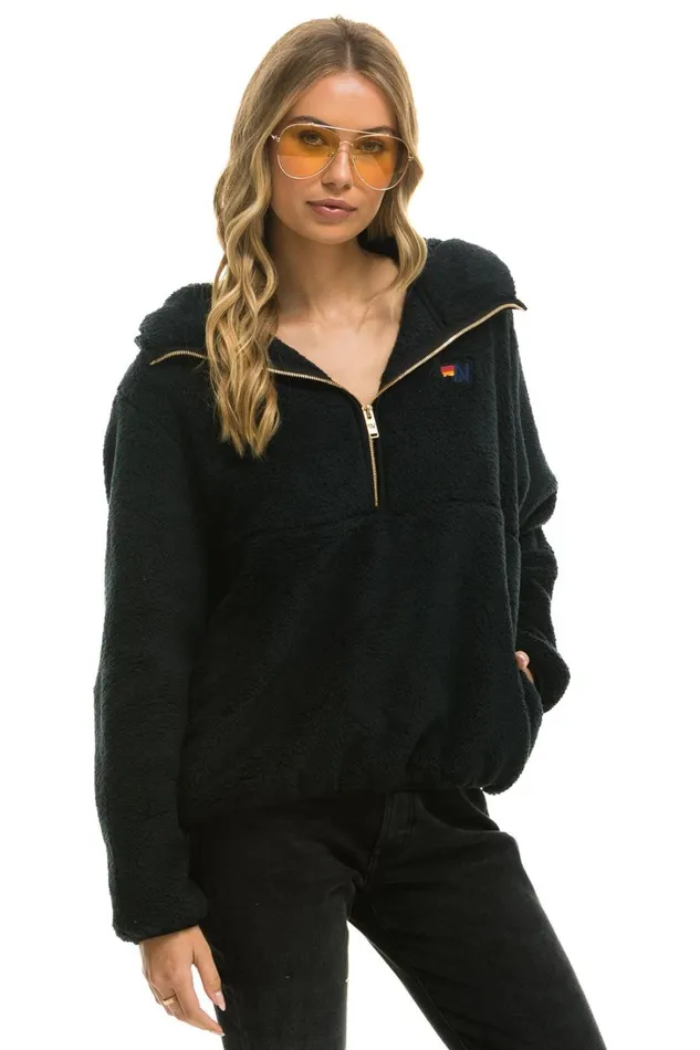 Women Outerwear Aviator Nation TEDDY APRES HOODED HALF ZIP JACKET 8211 BLACK Women Outerwear Aviator Nation TEDDY APRES HOODED HALF ZIP JACKET 8211 BLACK