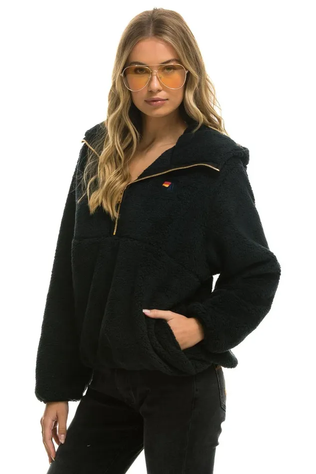 Women Outerwear Aviator Nation TEDDY APRES HOODED HALF ZIP JACKET 8211 BLACK Women Outerwear Aviator Nation TEDDY APRES HOODED HALF ZIP JACKET 8211 BLACK