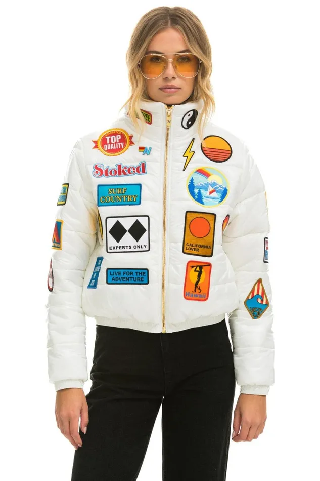 Women Outerwear Aviator Nation VINTAGE PATCH APRES PUFFER JACKET 8211 WHITE GLOSSY