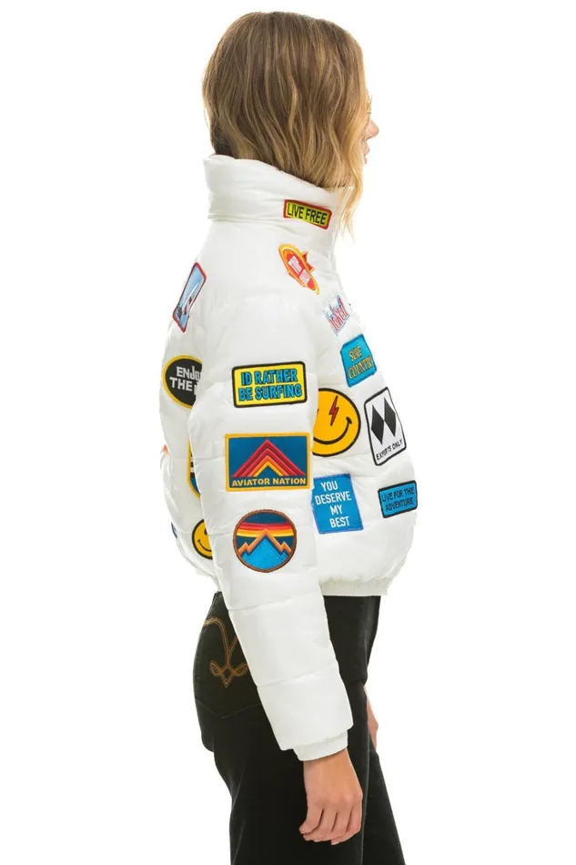Women Outerwear Aviator Nation VINTAGE PATCH APRES PUFFER JACKET 8211 WHITE GLOSSY