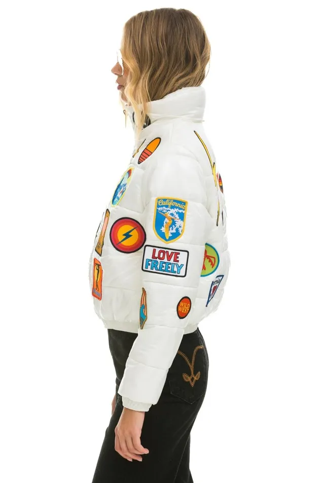 Women Outerwear Aviator Nation VINTAGE PATCH APRES PUFFER JACKET 8211 WHITE GLOSSY