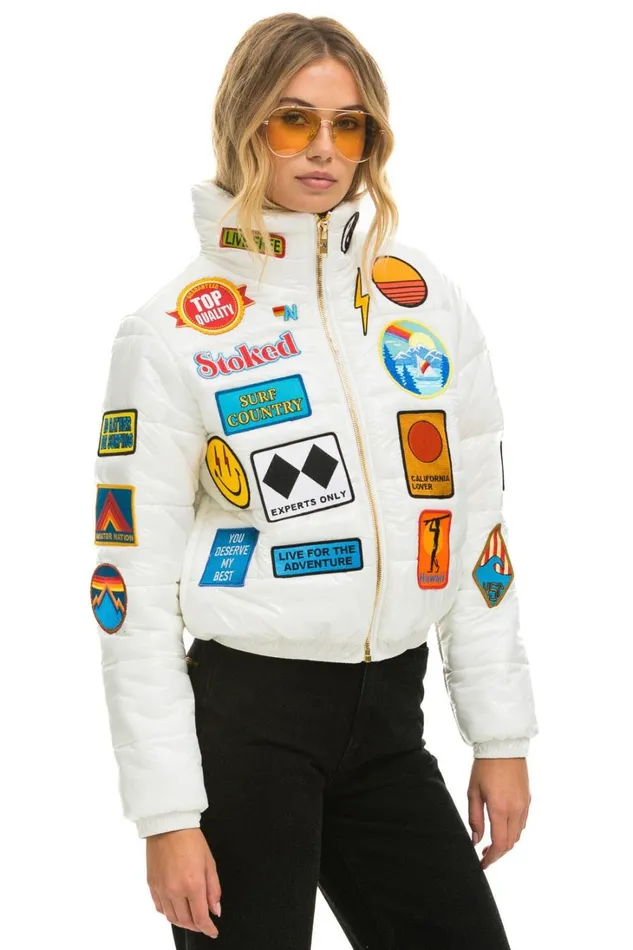Women Outerwear Aviator Nation VINTAGE PATCH APRES PUFFER JACKET 8211 WHITE GLOSSY