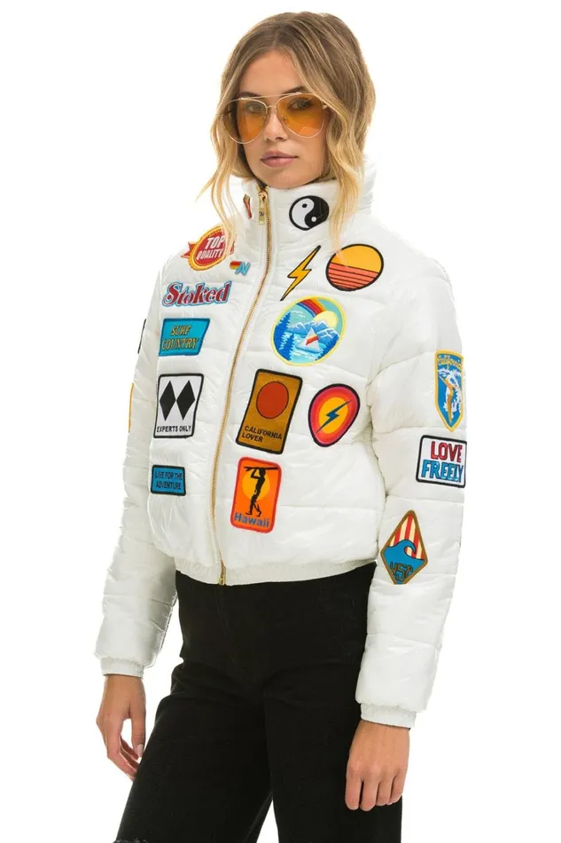 Women Outerwear Aviator Nation VINTAGE PATCH APRES PUFFER JACKET 8211 WHITE GLOSSY