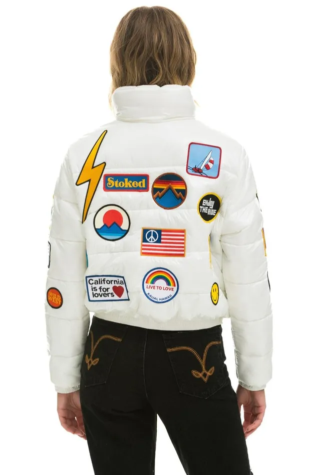 Women Outerwear Aviator Nation VINTAGE PATCH APRES PUFFER JACKET 8211 WHITE GLOSSY