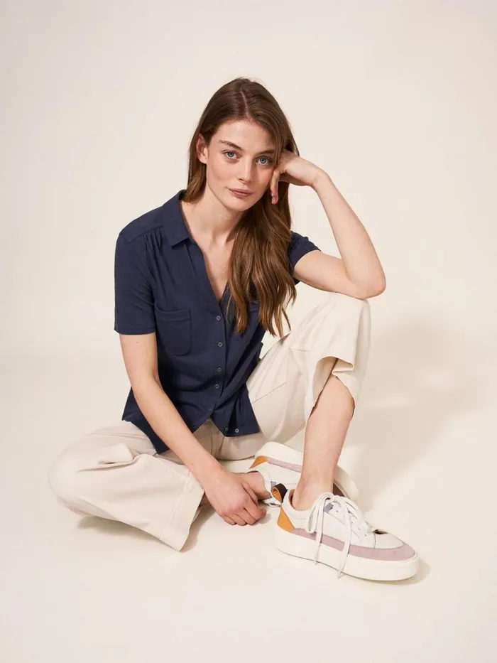 Women Penny Pocket Jersey Shirt French Navy White Stuff Shirts and Blouses