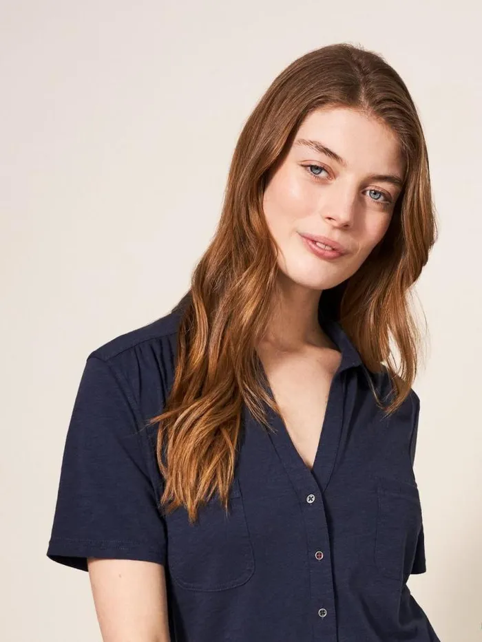Women Penny Pocket Jersey Shirt French Navy White Stuff Shirts and Blouses