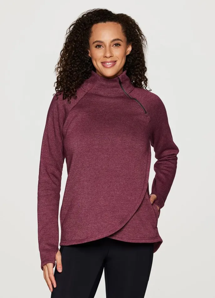 Women Prime Ready To Roll Fleece Zip Mock Neck Pullover Berry RBX Active Long Sleeve