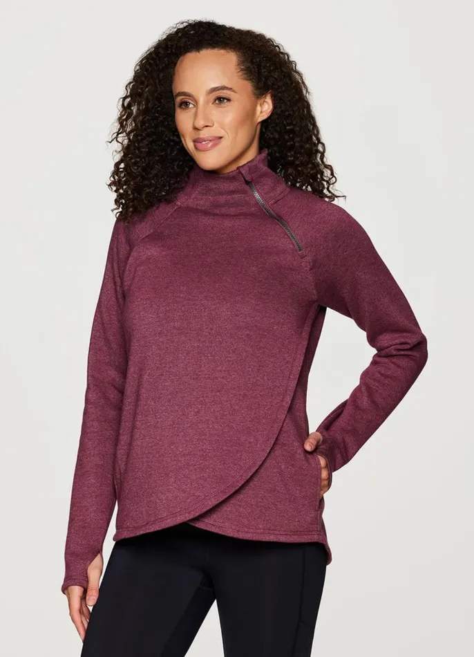 Women Prime Ready To Roll Fleece Zip Mock Neck Pullover Berry RBX Active Long Sleeve